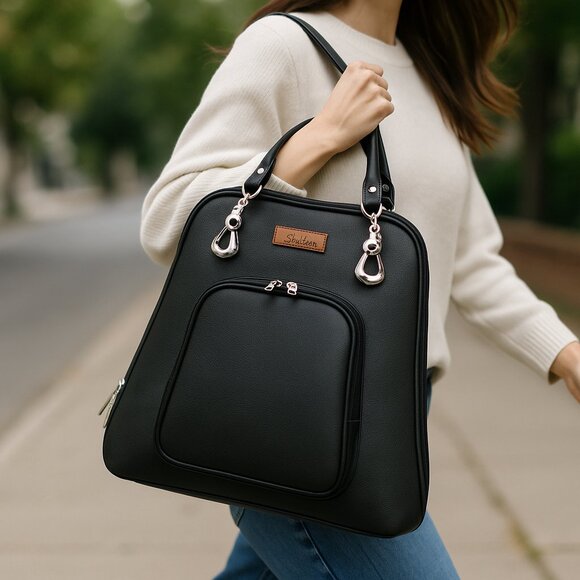 Women’s Black Vegan Leather Backpack – Top Handle Daypack - Picture 2 of 10